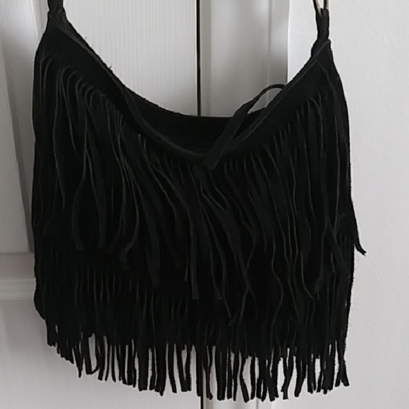 GUC. Vintage Black Suede Fringe Bag w/ Long Adjustable Strap. - Picture 1 of 14